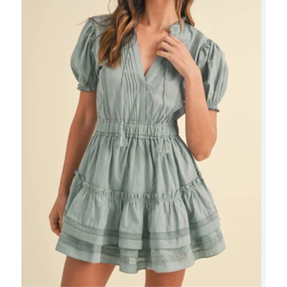 NWT WAPG Boho Cottoge Core Blue Ruffled Cotton Skater Mini Dress Size Large